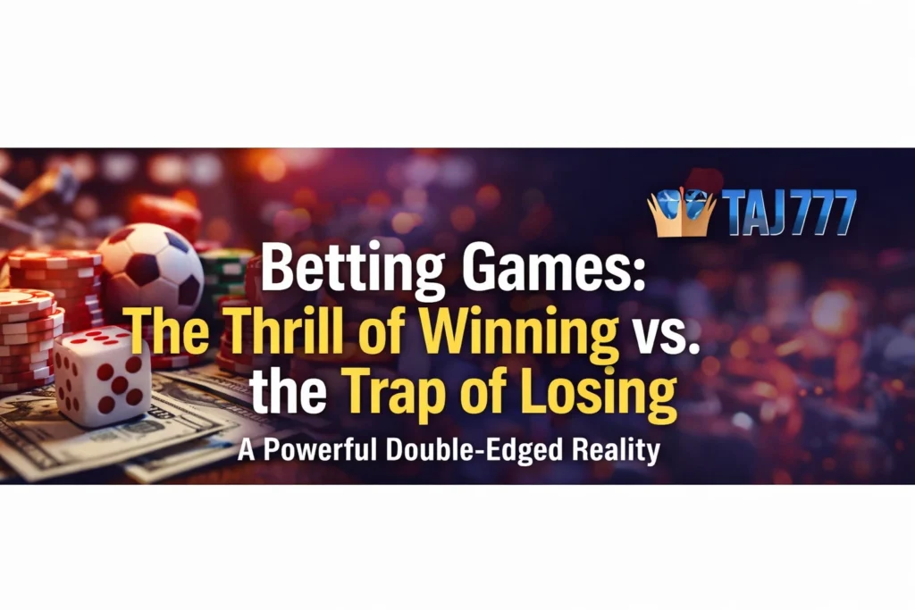 Betting games concept showing thrill of winning vs trap of losing with Taj777 logo