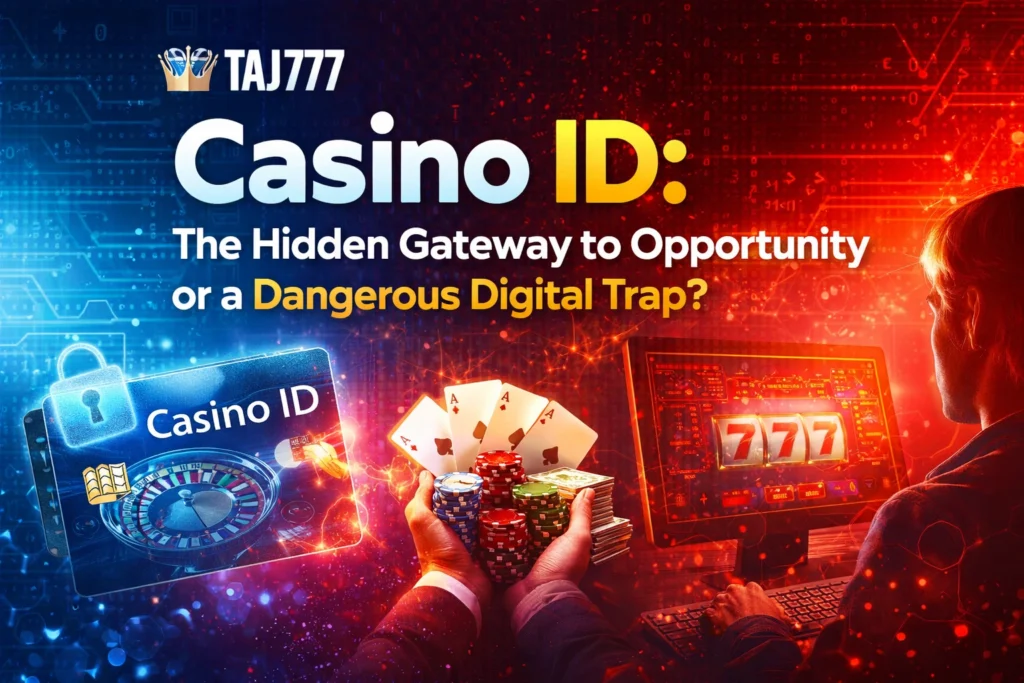 Casino ID concept showing online gambling risks and opportunities with Taj777 logo, poker chips, and digital casino interface
