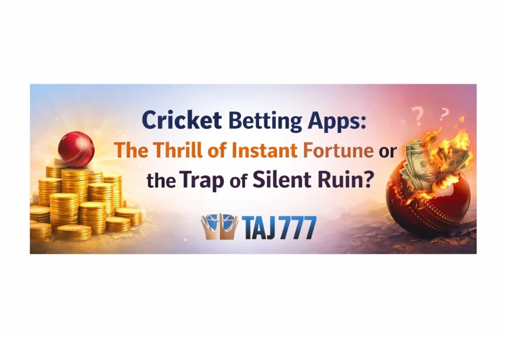 Cricket betting apps showing instant fortune vs silent ruin concept with Taj777 logo, coins and burning cricket ball