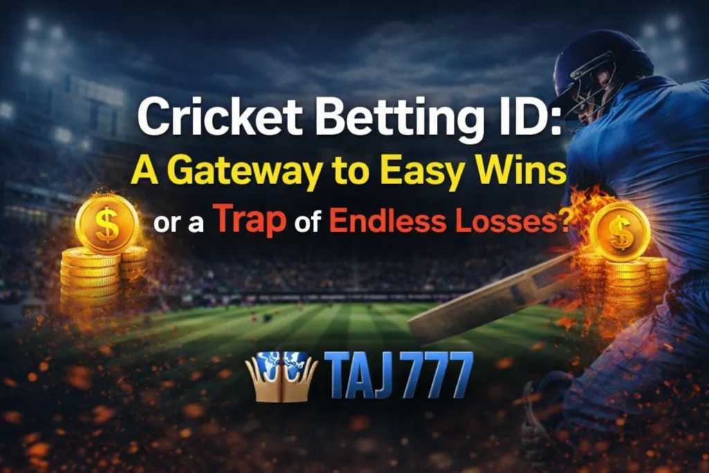 Cricket Betting ID concept showing easy wins vs endless losses with Taj777 logo in stadium background