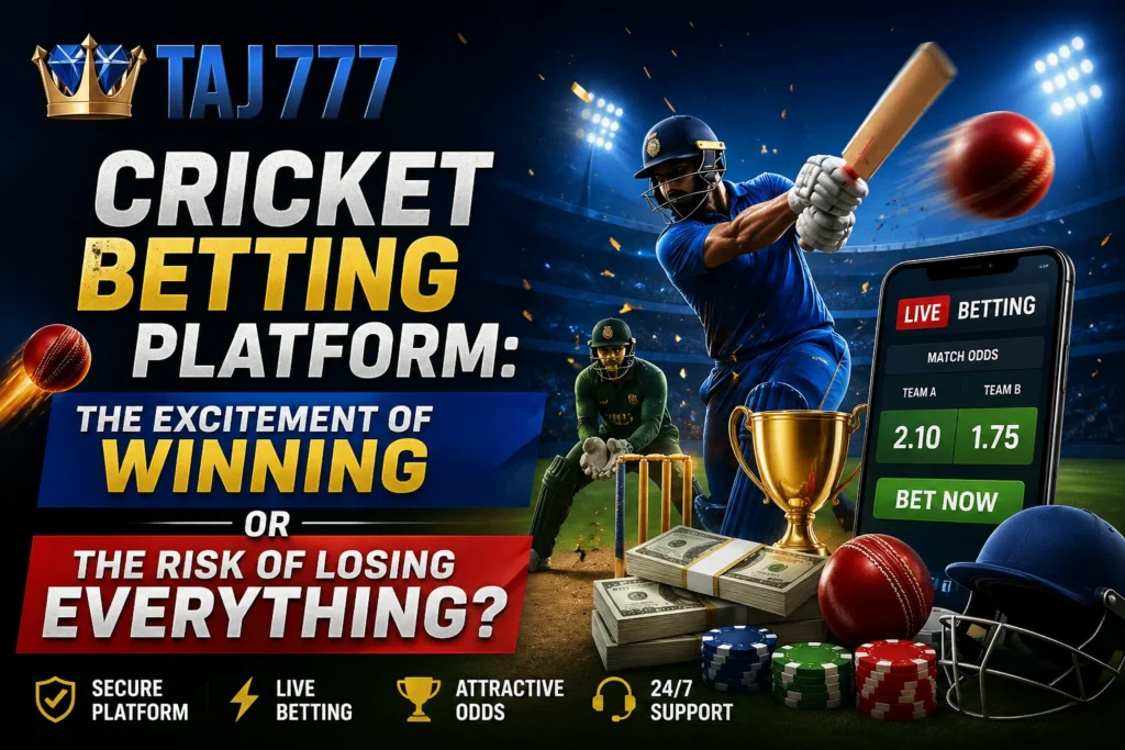 Cricket Betting Platform banner showing Taj777 logo, live betting app, cricket player, and winning vs losing concept