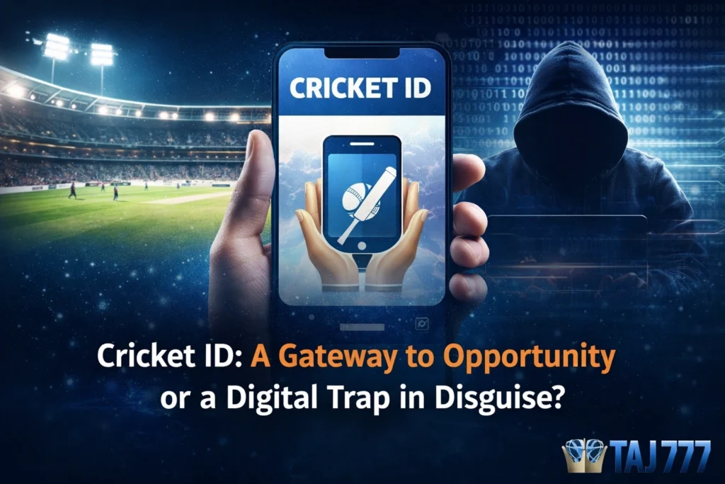 Cricket ID concept showing opportunity vs digital risk with TAJ777 logo