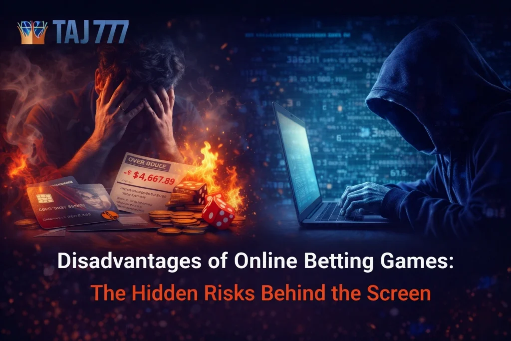 Disadvantages of online betting games showing financial loss and addiction risks with Taj777 logo