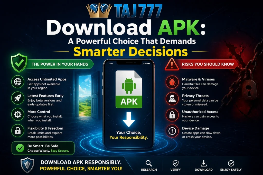 Download APK smart decision concept showing balance between freedom and security with Taj777 logo