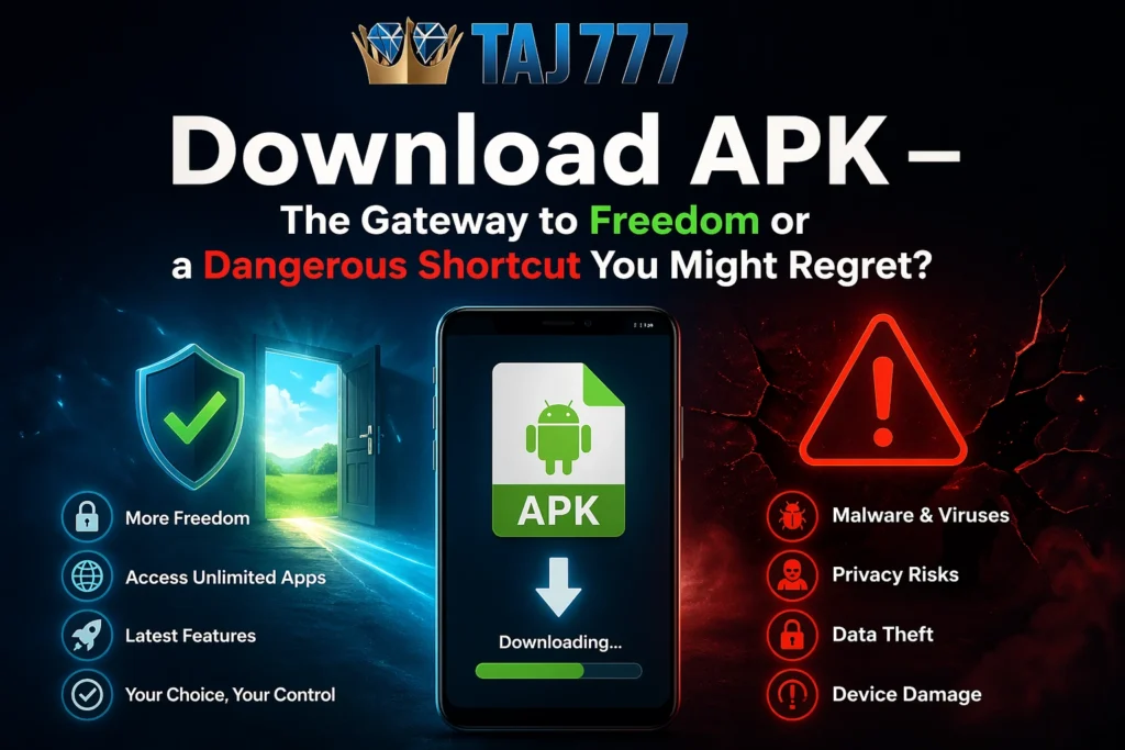 Download APK freedom vs risk concept with Taj777 logo showing benefits and dangers of APK installation