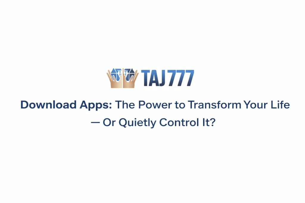 Download apps concept showing digital transformation and control with Taj777 logo representing modern mobile app usage