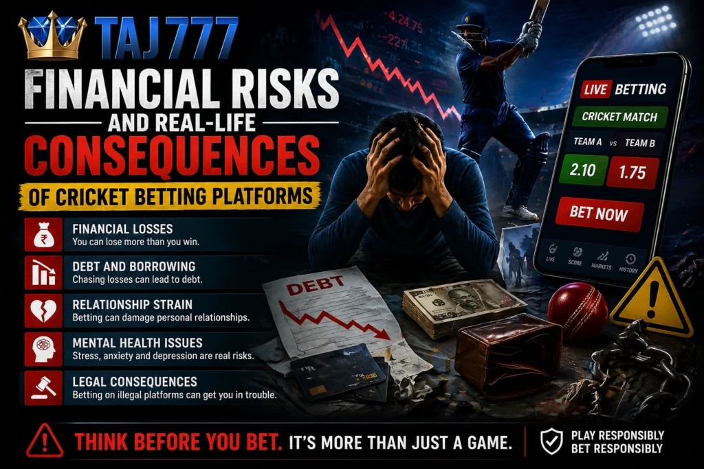 Financial risks of cricket betting platform showing Taj777 logo, stressed bettor, debt, and live betting app interface