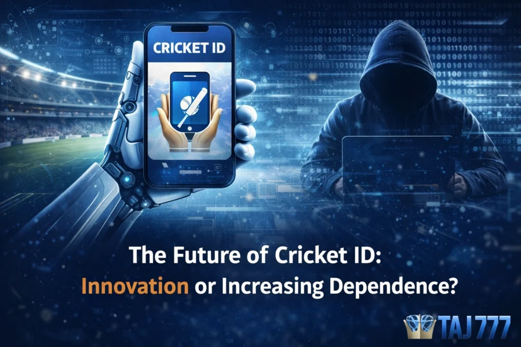 Future of Cricket ID showing innovation and digital dependence with TAJ777 logo