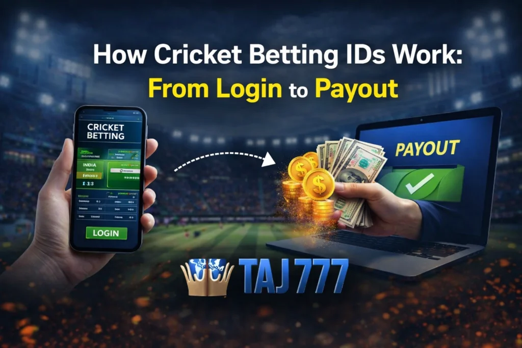 How Cricket Betting IDs work from login to payout with Taj777 showing betting process on mobile and cash withdrawal