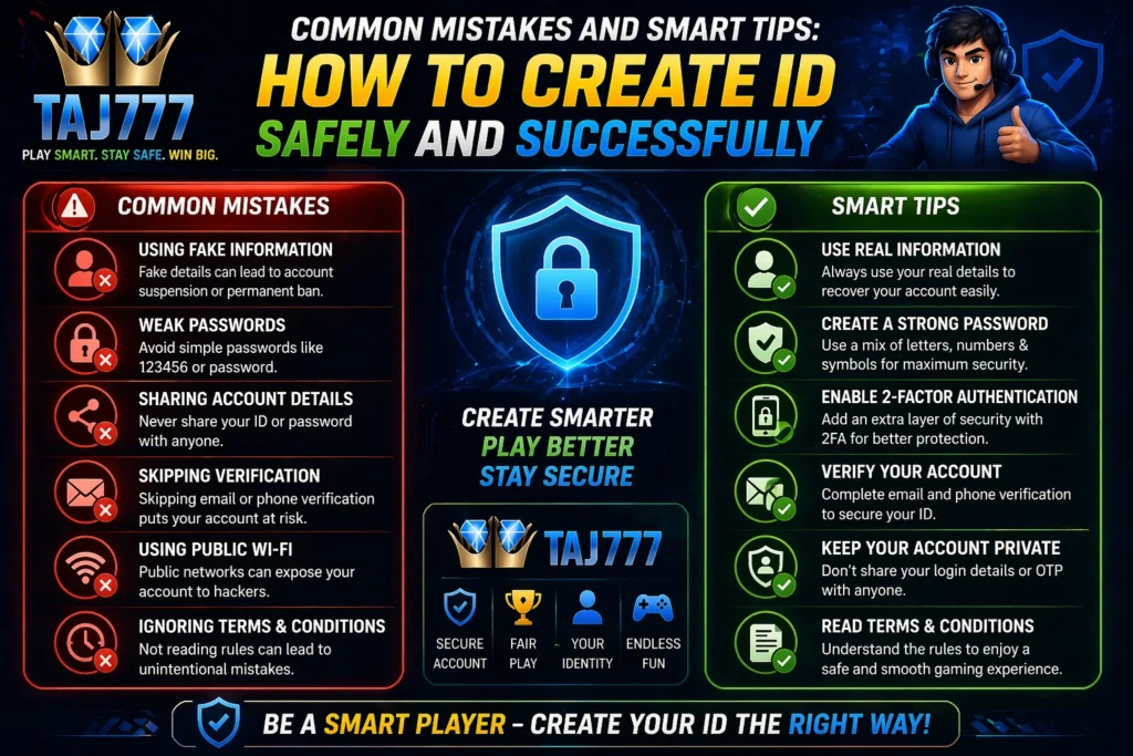 Common mistakes and smart tips on how to create ID safely in online gaming with Taj777 logo