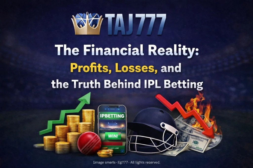IPL cricket betting financial reality profits losses Taj777 banner with coins graph helmet and betting app showing risks and rewards