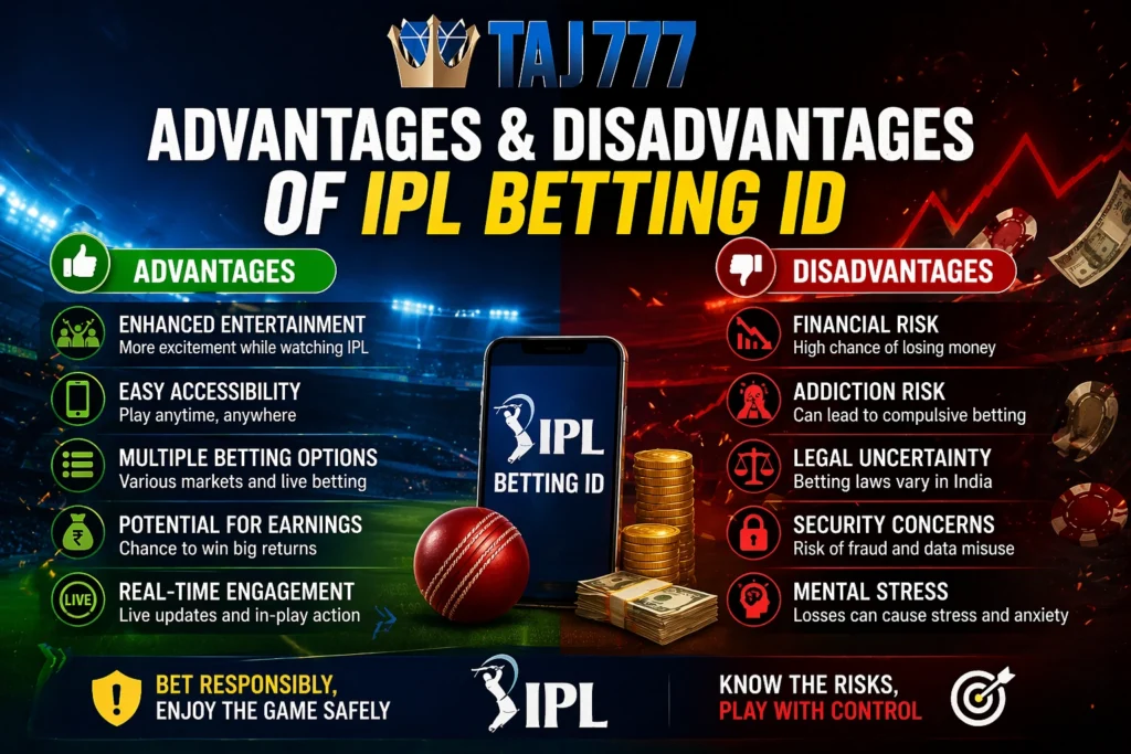 Advantages and disadvantages of IPL Betting ID showing risk vs reward concept in online gaming with Taj777 logo