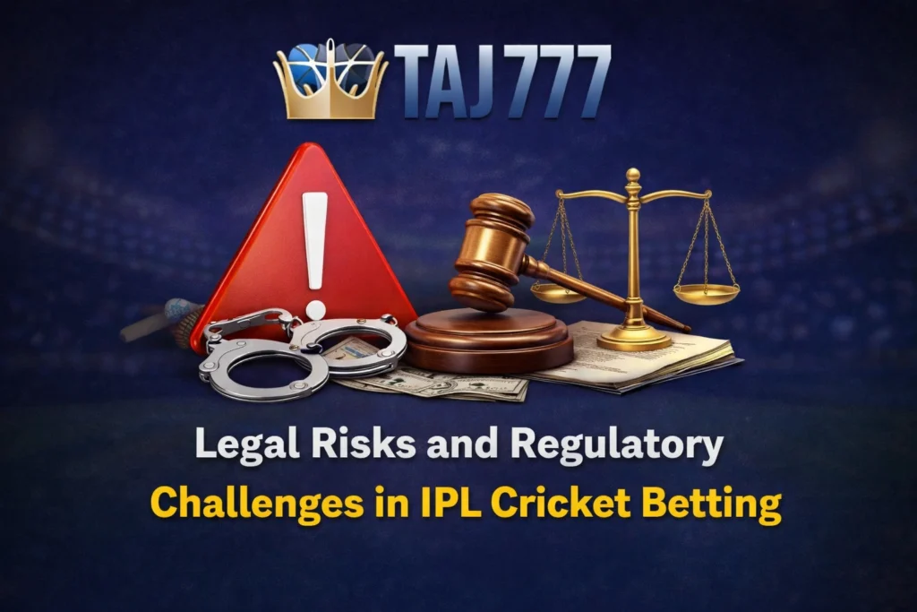 IPL cricket betting legal risks and regulatory challenges Taj777 banner with warning symbol law gavel and betting app illustration