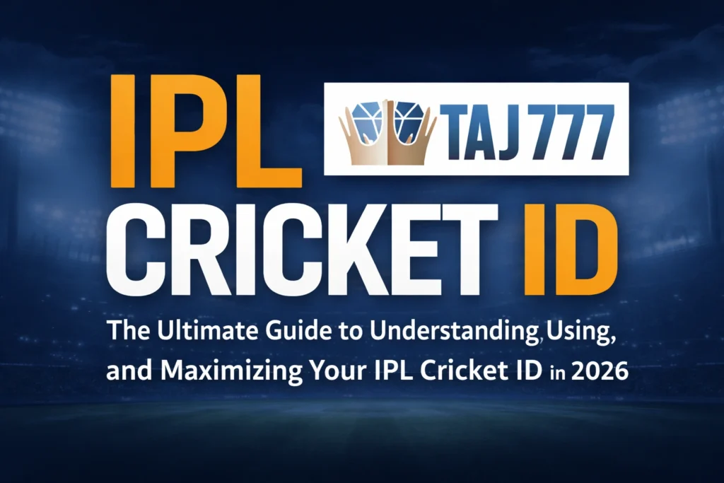 IPL Cricket ID guide 2026 with Taj777 logo and cricket stadium background