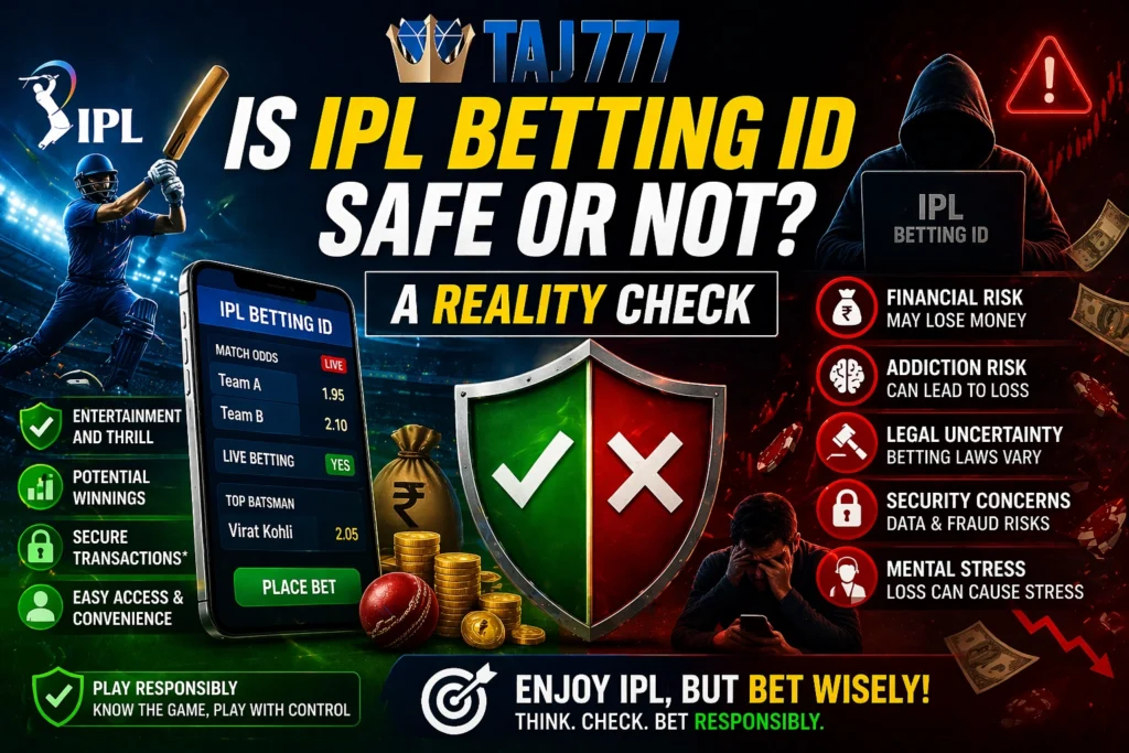 Is IPL Betting ID safe or not reality check showing risks and safety concerns in online gaming with Taj777 logo