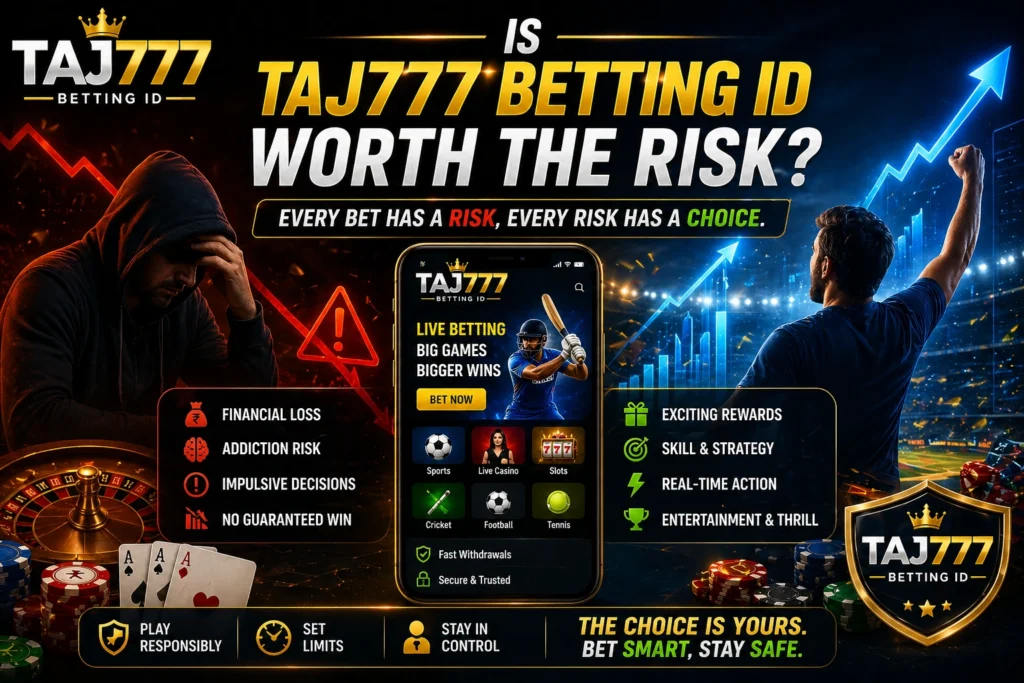 Taj777 Betting ID worth the risk concept showing online gaming rewards and risks with logo