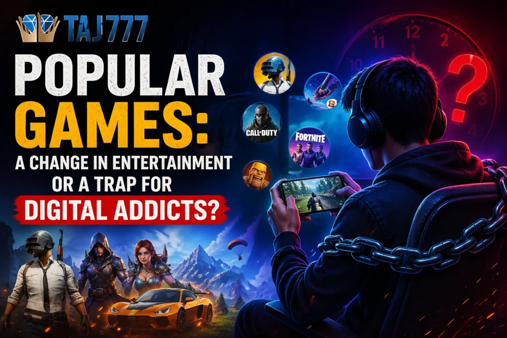 Popular games concept showing a gamer playing online games with Taj777 logo, highlighting entertainment benefits and risks of digital addiction