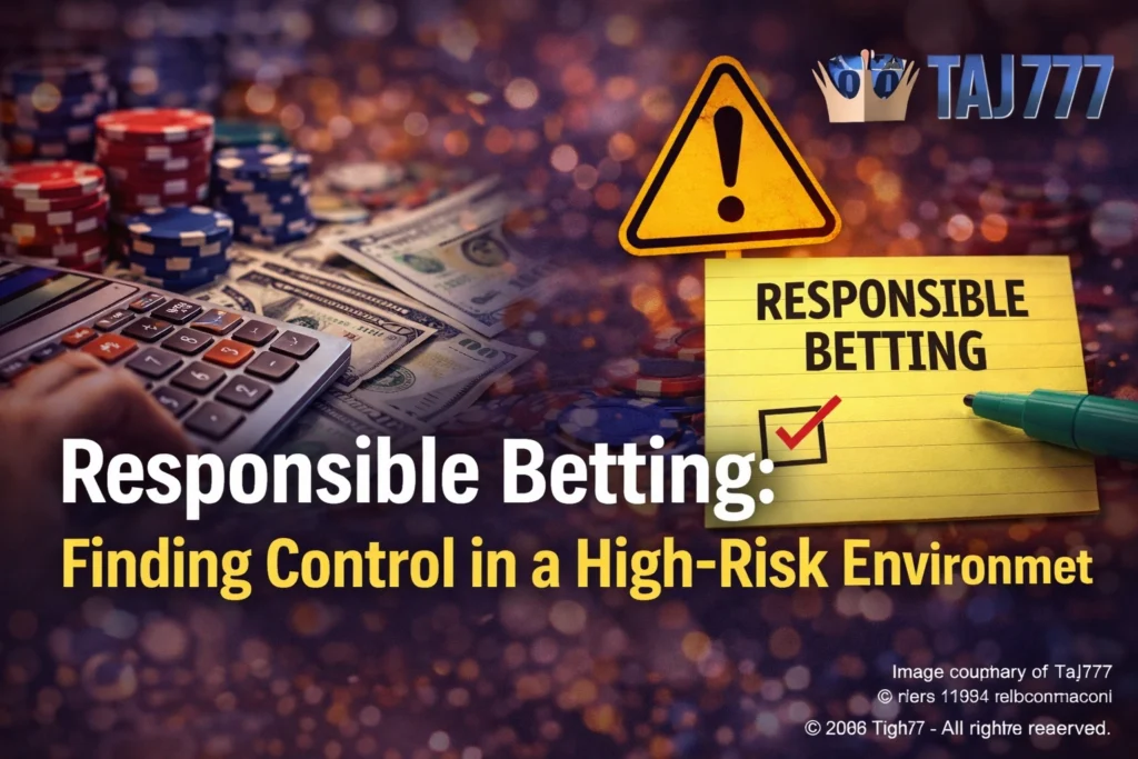 Responsible betting concept showing control and risk management with Taj777 logo