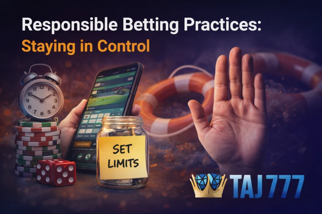 Responsible betting practices illustration showing controlled gambling limits mobile app and TAJ777 logo