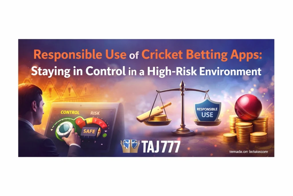 Responsible use of cricket betting apps showing risk control concept with balance scale, cricket ball, coins and Taj777 logo