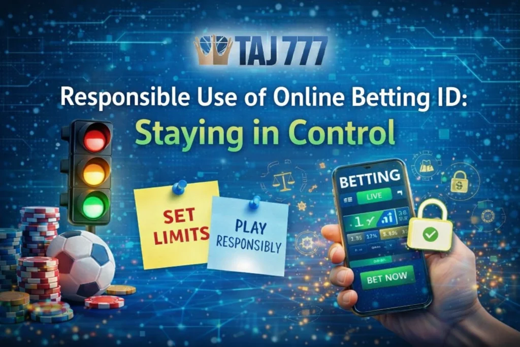 Responsible use of online betting ID with TAJ777 logo, mobile betting app, control concept, casino chips, and security elements