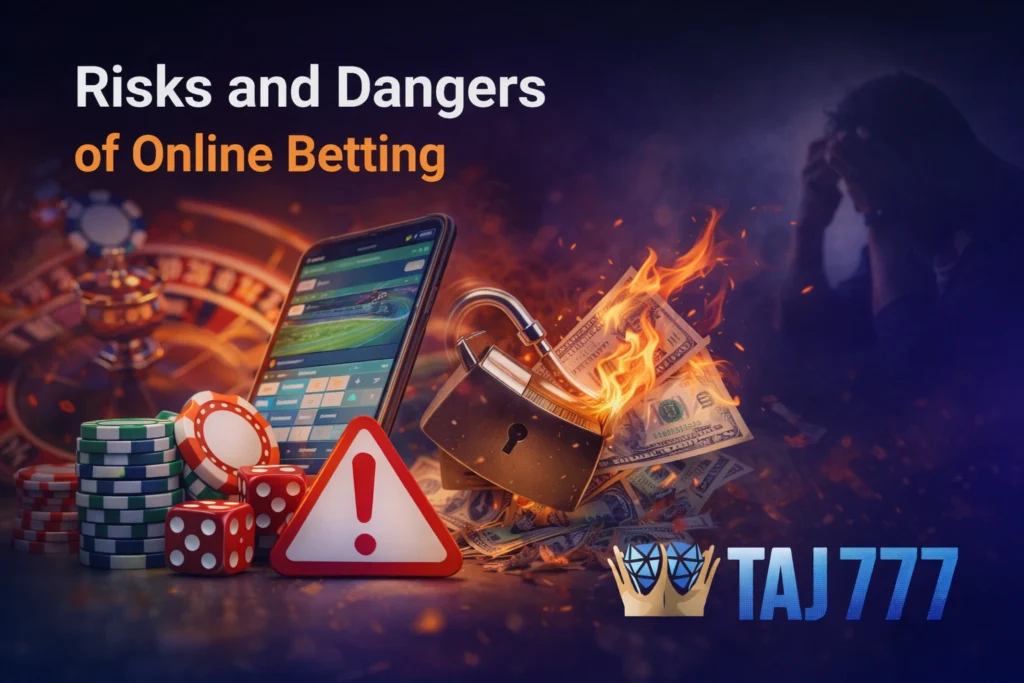 Risks and dangers of online betting showing casino chips dice mobile app burning money and TAJ777 logo