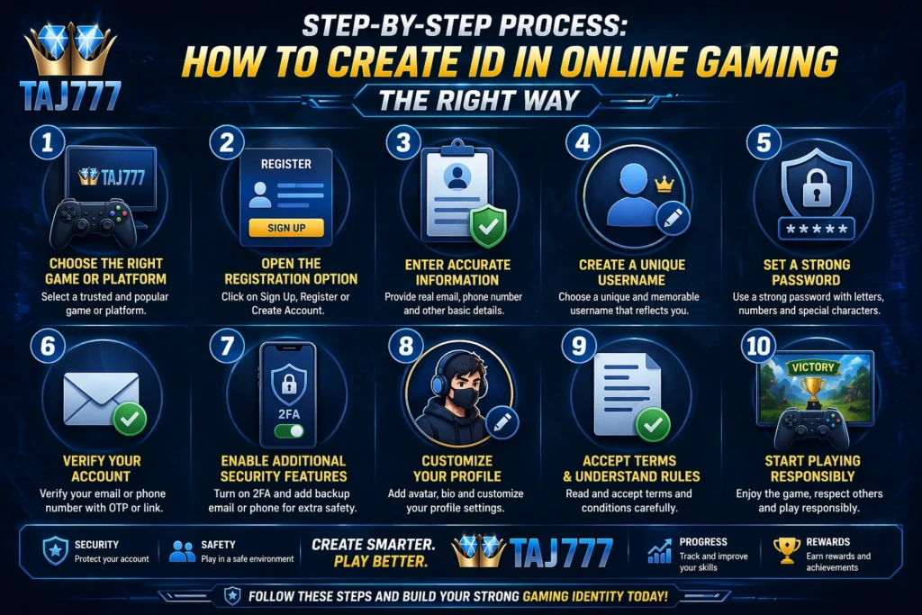 Step-by-step how to create ID in online gaming guide with Taj777 logo showing secure account setup