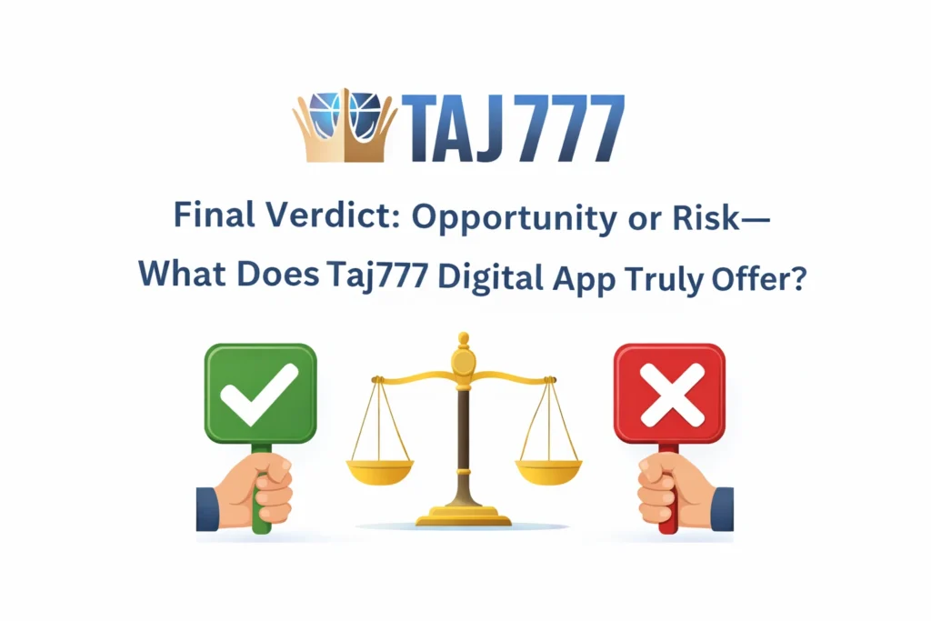 Taj777 Digital App final verdict concept showing opportunity versus risk with official logo