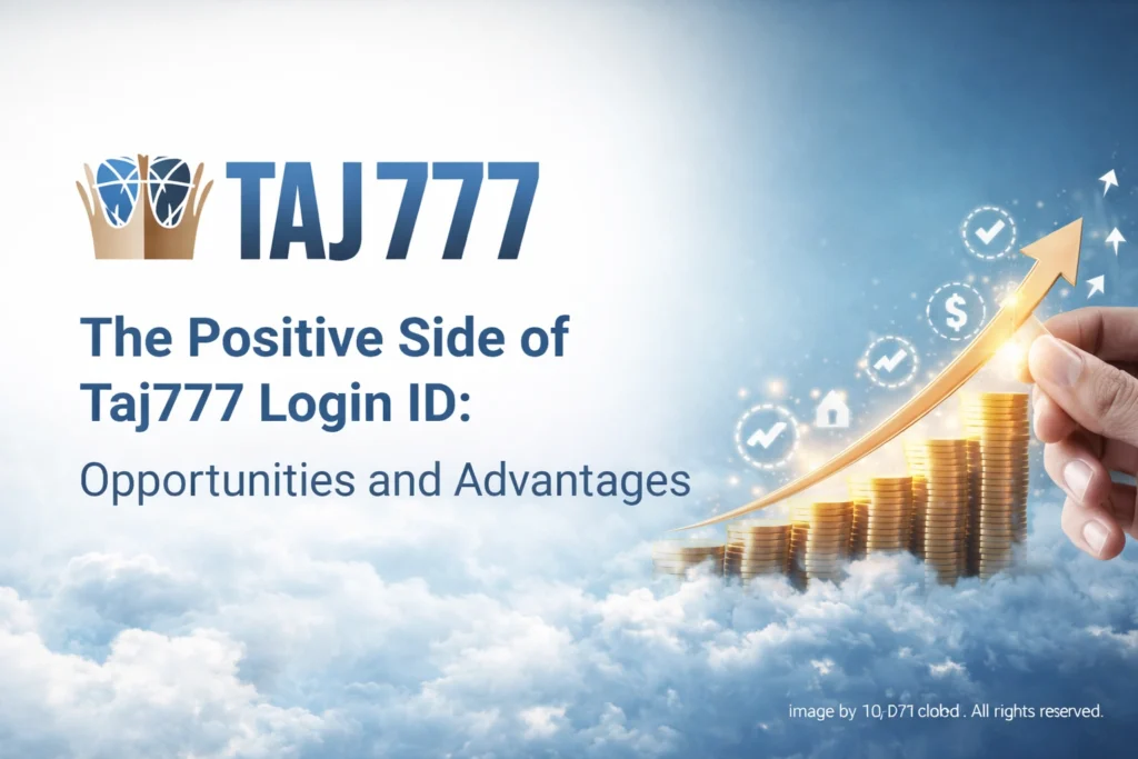 Taj777 Login ID positive side opportunities and advantages concept with logo and digital growth elements