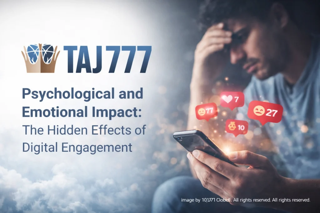 Taj777 Login ID psychological and emotional impact showing digital stress mental effects and engagement concept with logo