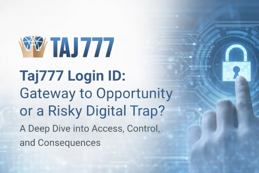 Taj777 Login ID gateway to opportunity or risky digital trap concept with security lock and logo
