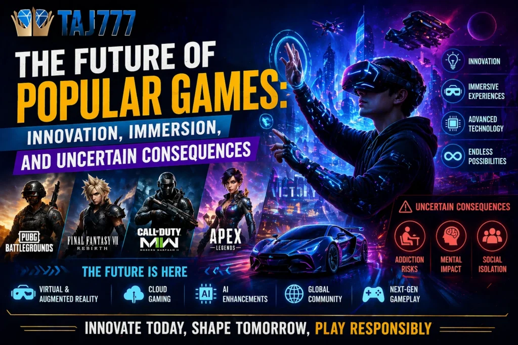 Futuristic gamer using VR and advanced technology with Taj777 logo, representing the future of popular games with immersive and AI-driven experiences
