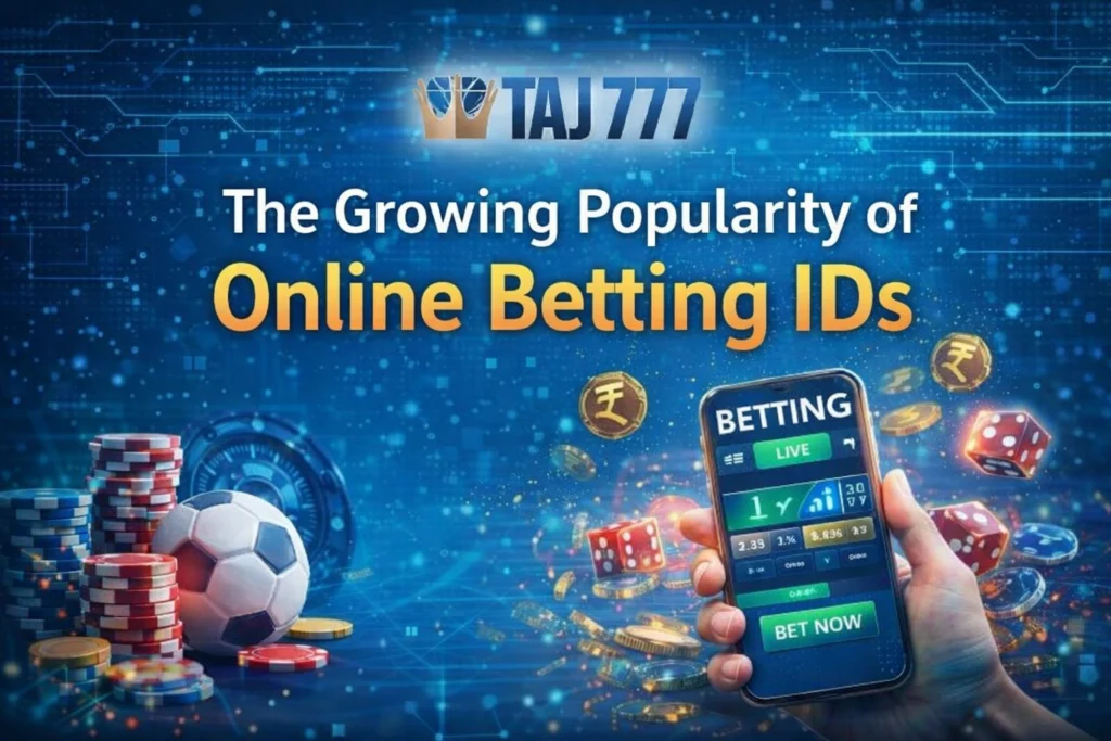 The growing popularity of online betting IDs with TAJ777 logo, mobile betting app, casino chips, football, and digital gambling elements