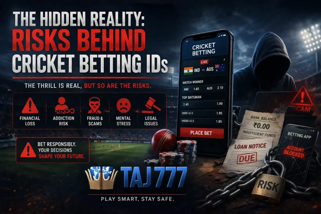 Hidden risks of cricket betting ID showing financial loss, addiction, scams and stress with Taj777 branding