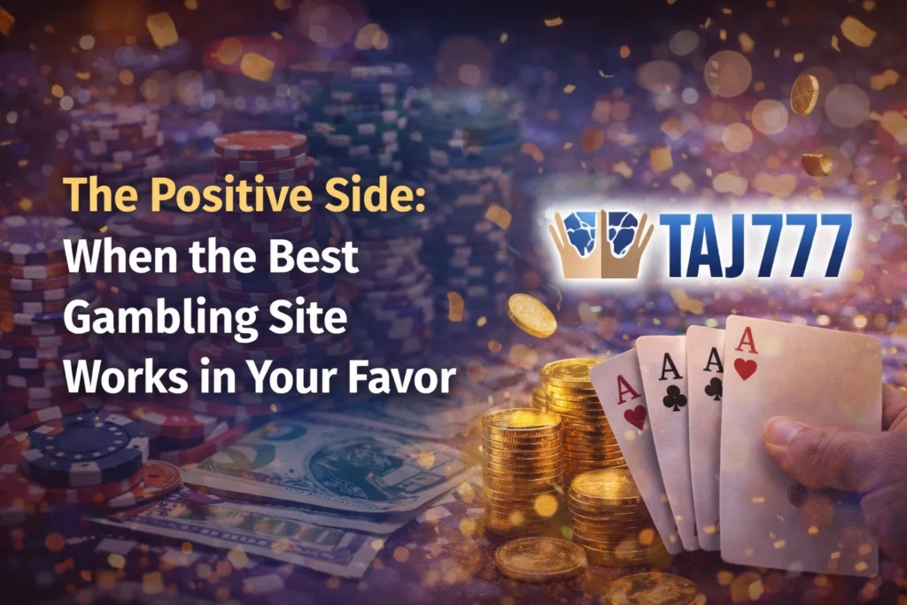 Positive side of the best gambling site showing wins rewards and TAJ777 logo