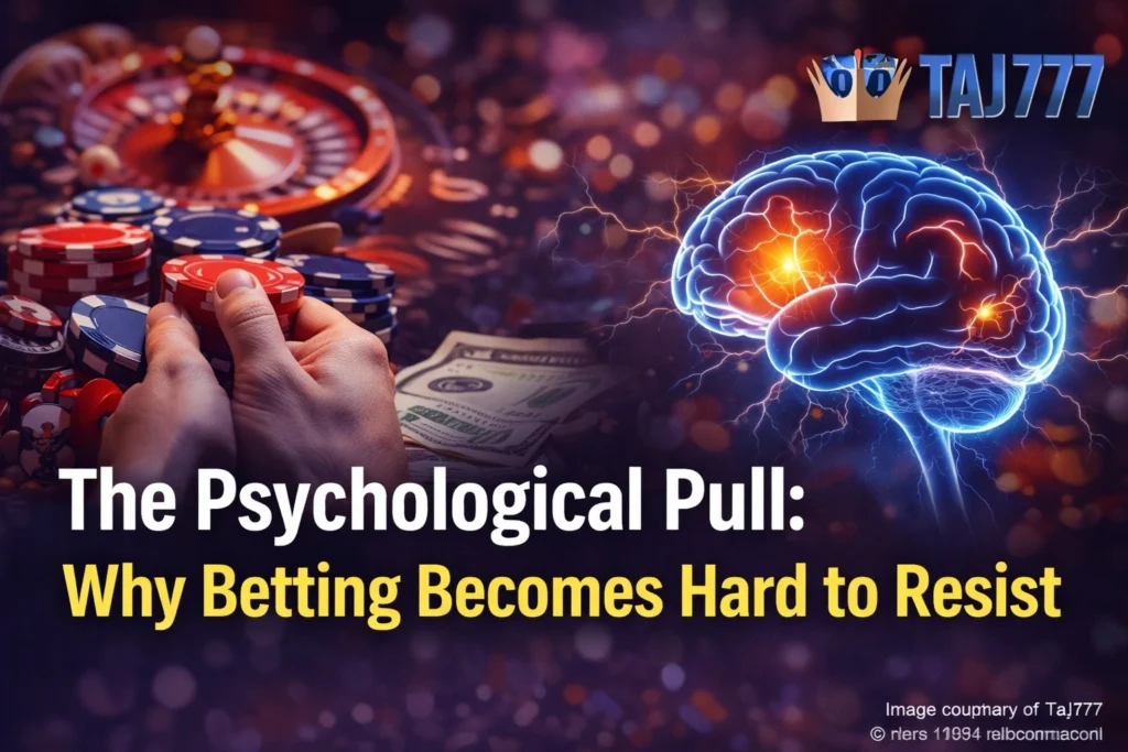Psychological pull of betting games showing addiction and brain reward system with Taj777 logo