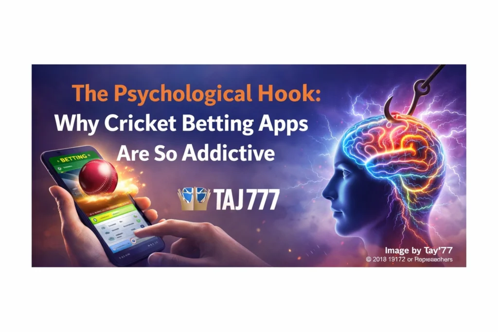 The psychological hook of cricket betting apps showing addiction concept with brain, mobile betting app and Taj777 logo
