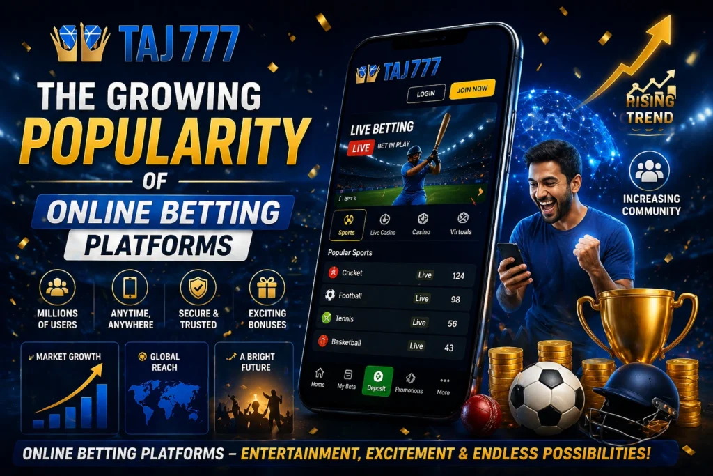 Growing popularity of online betting platform with Taj777 logo and rising user engagement