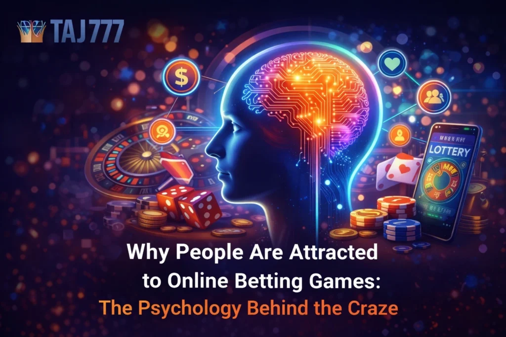 Why people are attracted to online betting games psychology concept with Taj777 logo