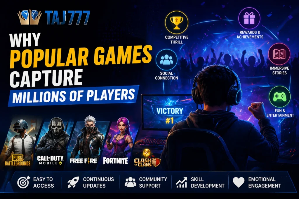 Gamer engaged in popular online games with Taj777 logo, showing rewards, competition, and social features that attract millions of players